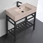 Scarabeo 5123-E-CON2-BLK Modern Beige Travertine Design Ceramic Console Sink and Matte Black Base